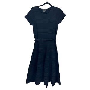 Gracia Womens Sheath Dress Eyelet Round Neck Ribbon Tie Waist Black Size M*